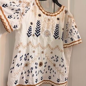 Main Strip White and Navy Embroidered Blouse